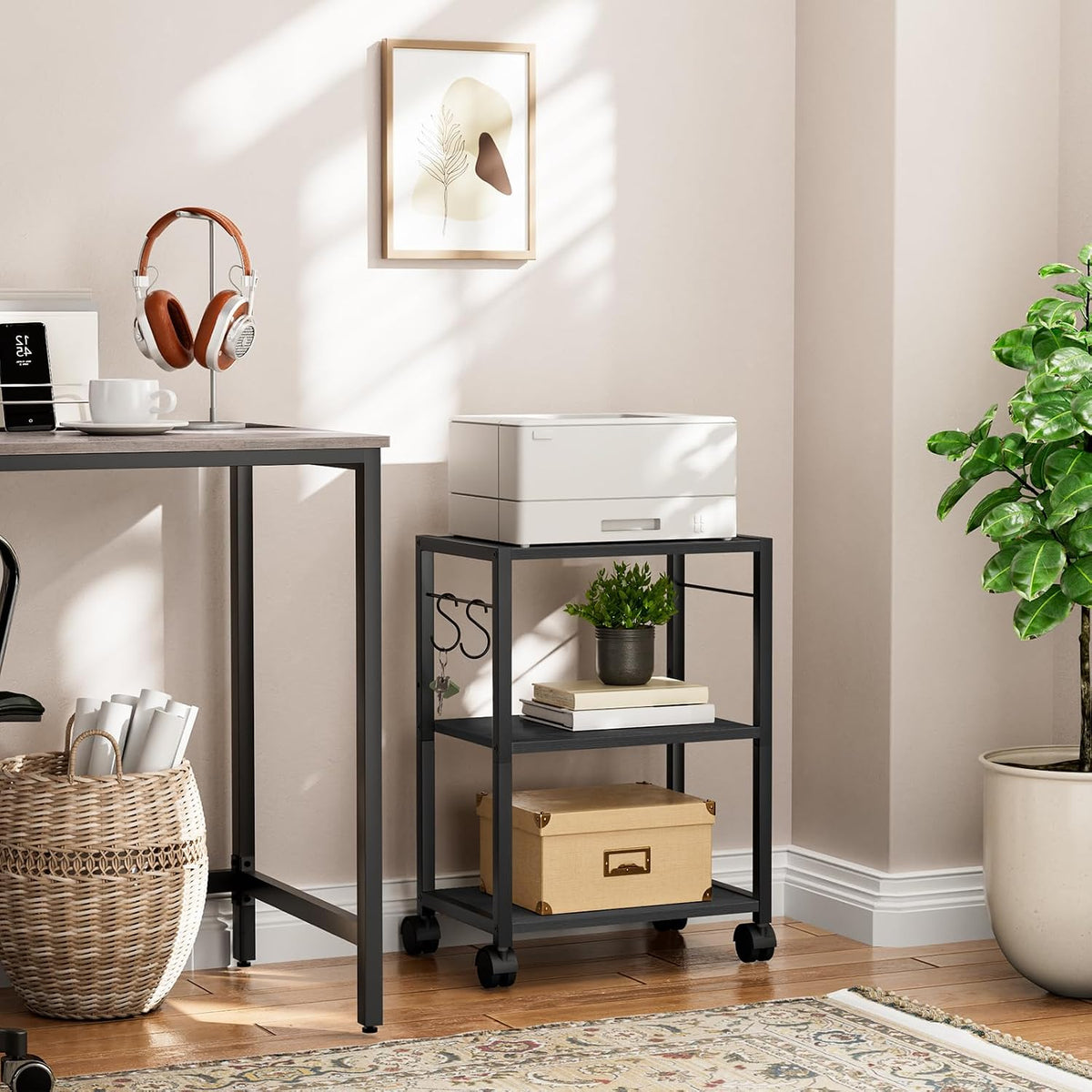 MAHANCRIS Printer Stand, 3-Tier Under Desk Rolling Cart with Storage Shelf, H...