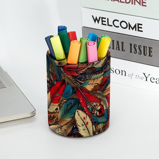 Leather Pen Holder for Desk, Colorful feathers Pencil Cup Desktop Organizer - Image 5