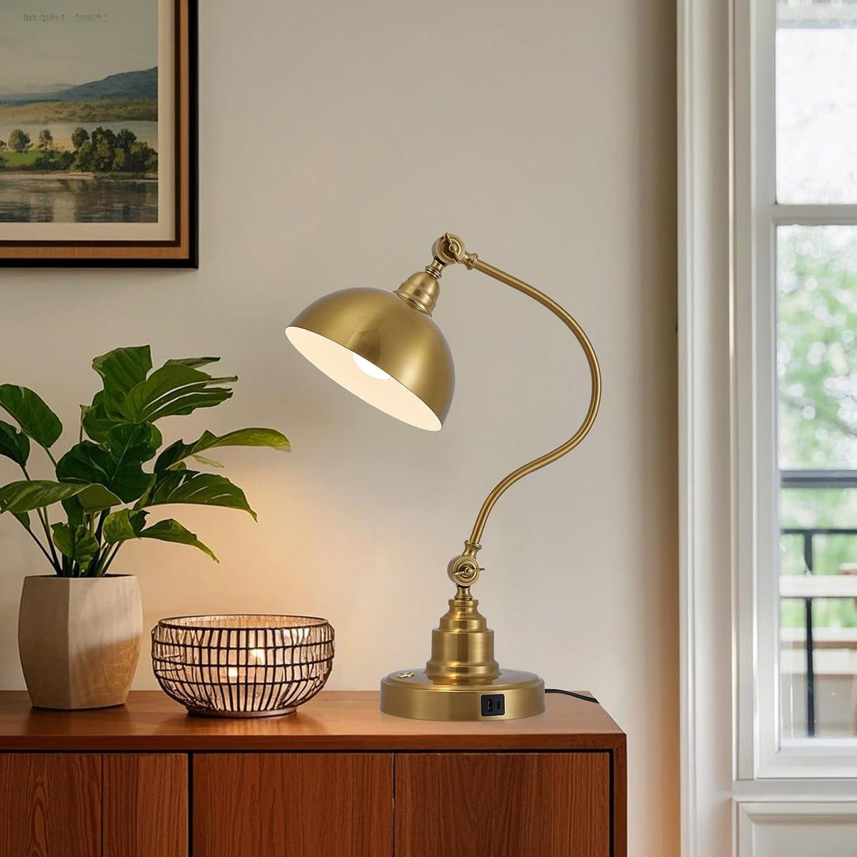 Fetason Dimmable Touch Control Gold Desk Lamp with Swing Arm Charging Port