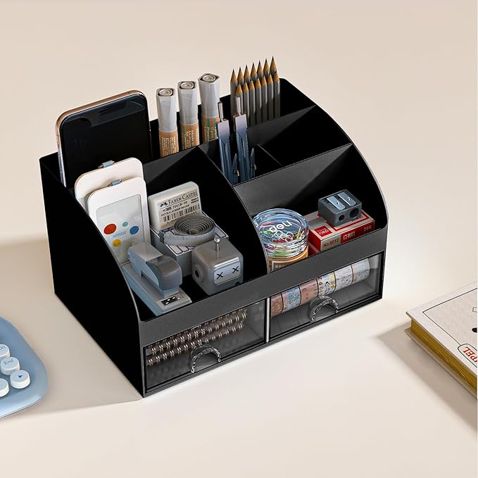 Desk Organizer with 6 Compartments and 2 Drawers, Plastic Makeup Organizer - Image 3