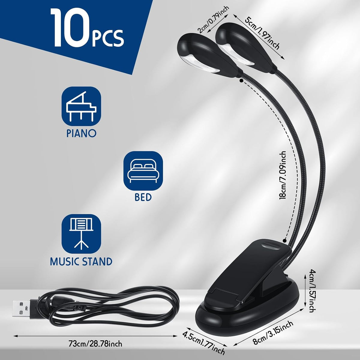 Rossesay 10 Pcs LED Music Stand Clip on Book Light USB Battery Operated