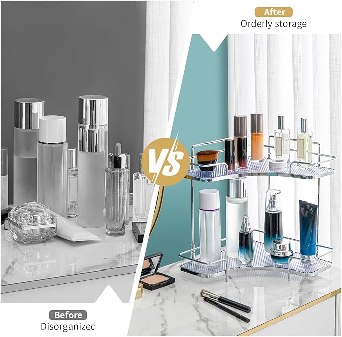 Seoneiro 2 Tier Corner Bathroom Counter Organizer, Cosmetic Skincare Organizer - Image 3
