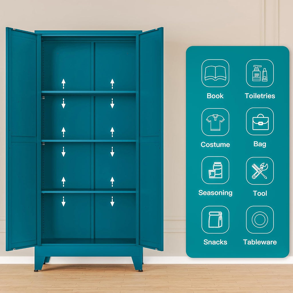 Washsemba 61" Tall Farmhouse Metal Pantry Cabinet, Kitchen Pantry Storage Cabinets with 2 Barn Door and Adjustable Shelves,for Kitchen,Laundry Room,Home Office,Kids Room （Peacock Blue