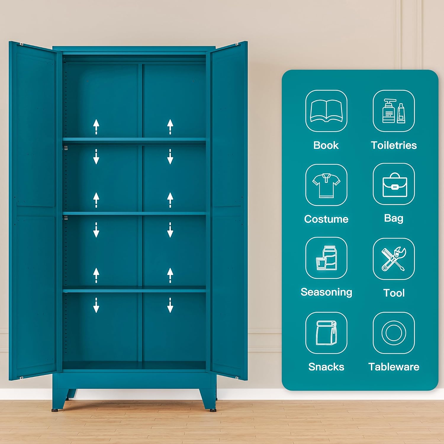 Washsemba 61" Tall Farmhouse Metal Pantry Cabinet, Kitchen Pantry Storage Cabinets with 2 Barn Door and Adjustable Shelves,for Kitchen,Laundry Room,Home Office,Kids Room （Peacock Blue
