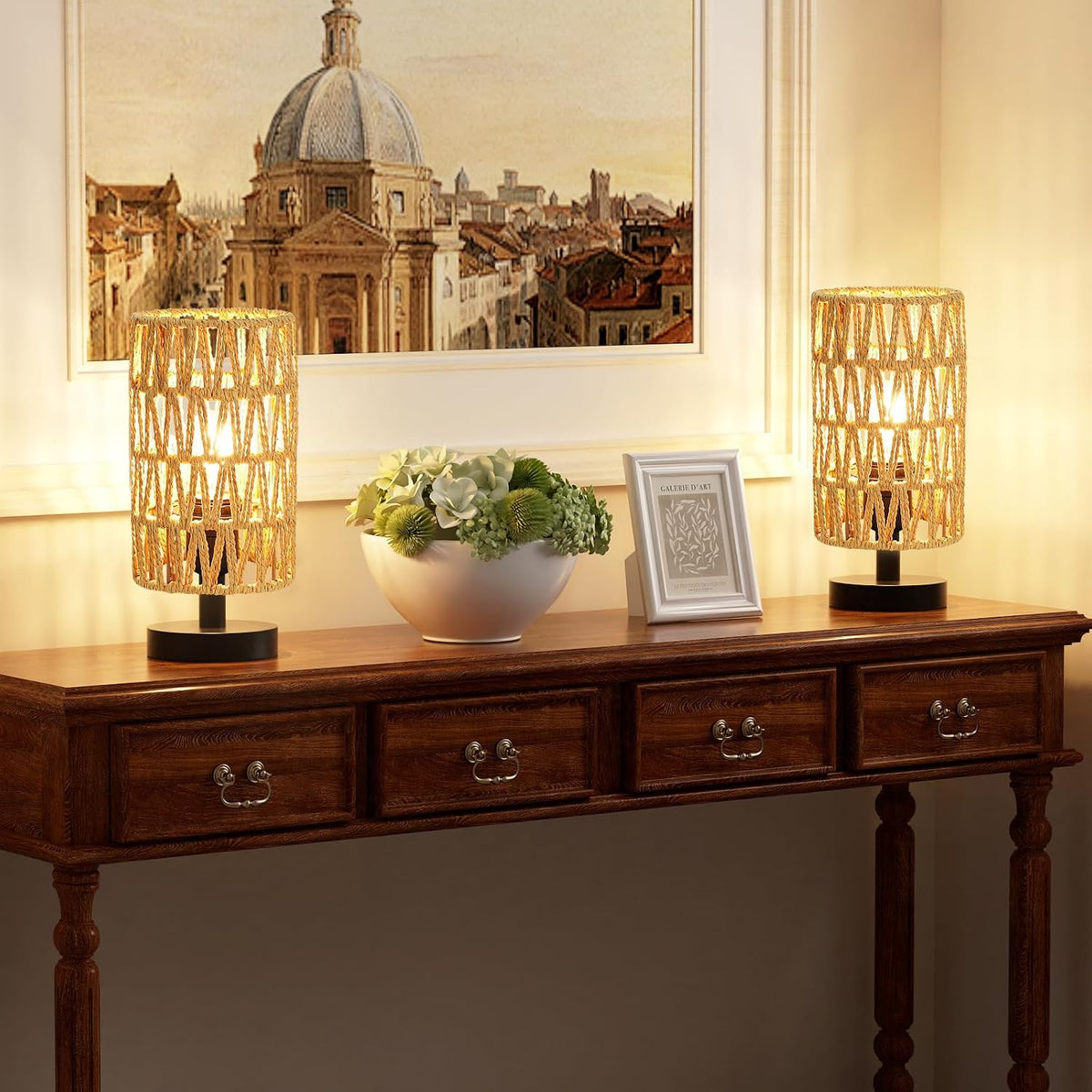 Table Lamps Set of 2 (Rattan Rope Shade - Black Base, 9" Inline Control)