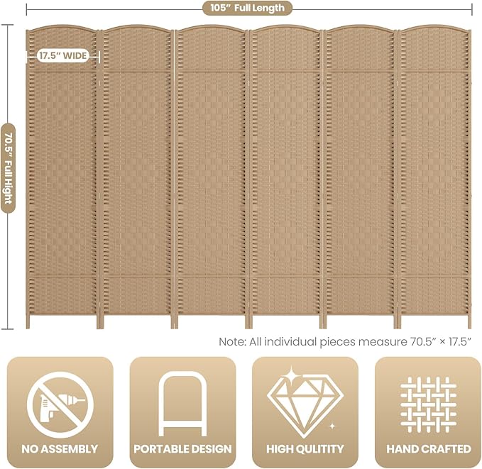 Cocosica 6 Panel Room Divider, 6Ft Folding Privacy Screen, Tall - Image 3