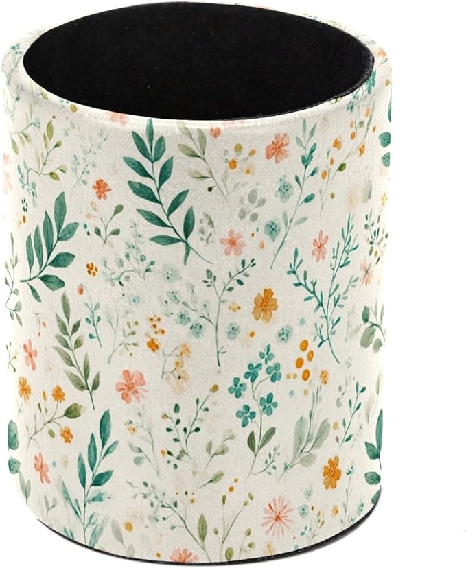 Leather Pen Holder for Desk Floral Leaf Pencil Cup Desktop Organizer Makeup by Unknown