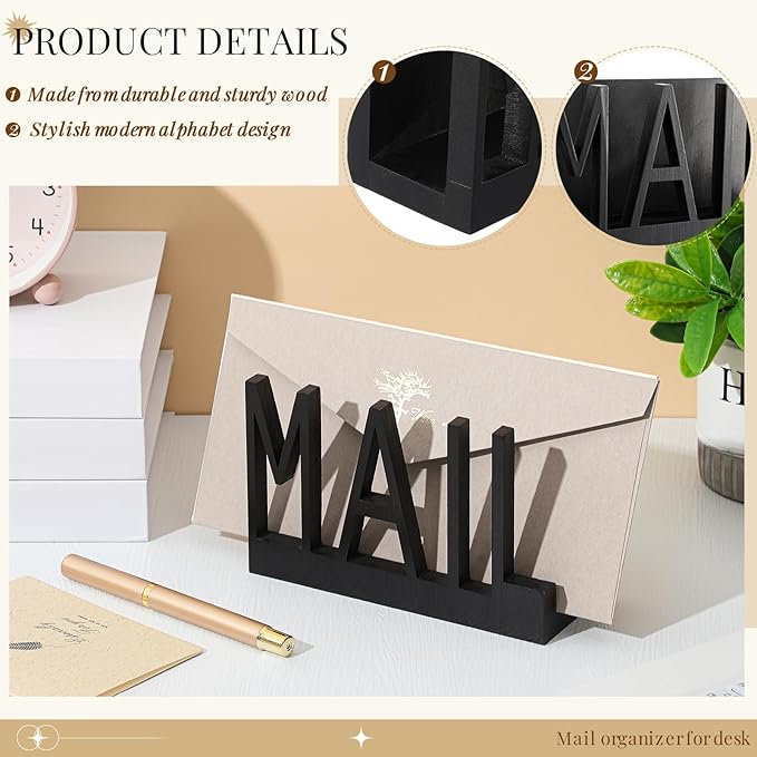 Vercraft Mail Organizer Holder Organizer Countertop Modern Wooden Black Letter - Image 3