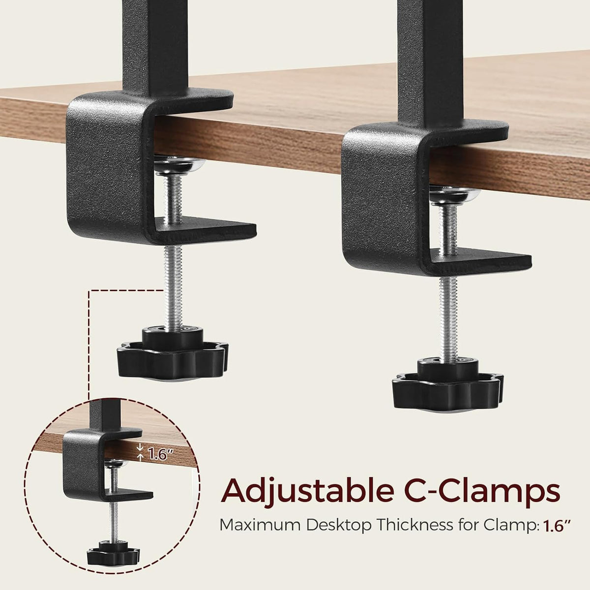 mahancris clamp on desk organizer, 3-tier desktop bookshelf showing dimensions