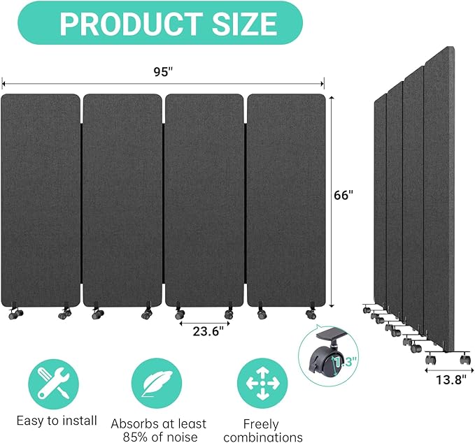 Soundproof Room Divider W/Wheels, 66in Office Dividers - Image 7