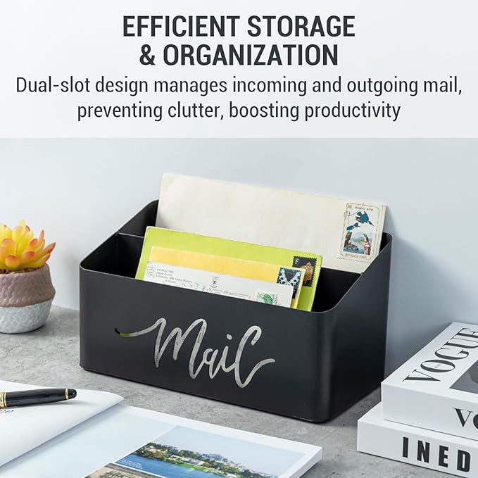 MyGift 2 Slot Modern Matte Black Metal Desktop Mail Sorter - Image 3