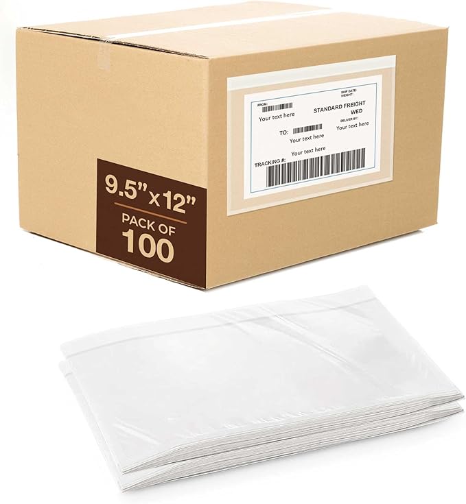 9.5x12 Shipping Label Sleeves 100 Pack Strong Adhesive Back by FLEXTRIBE