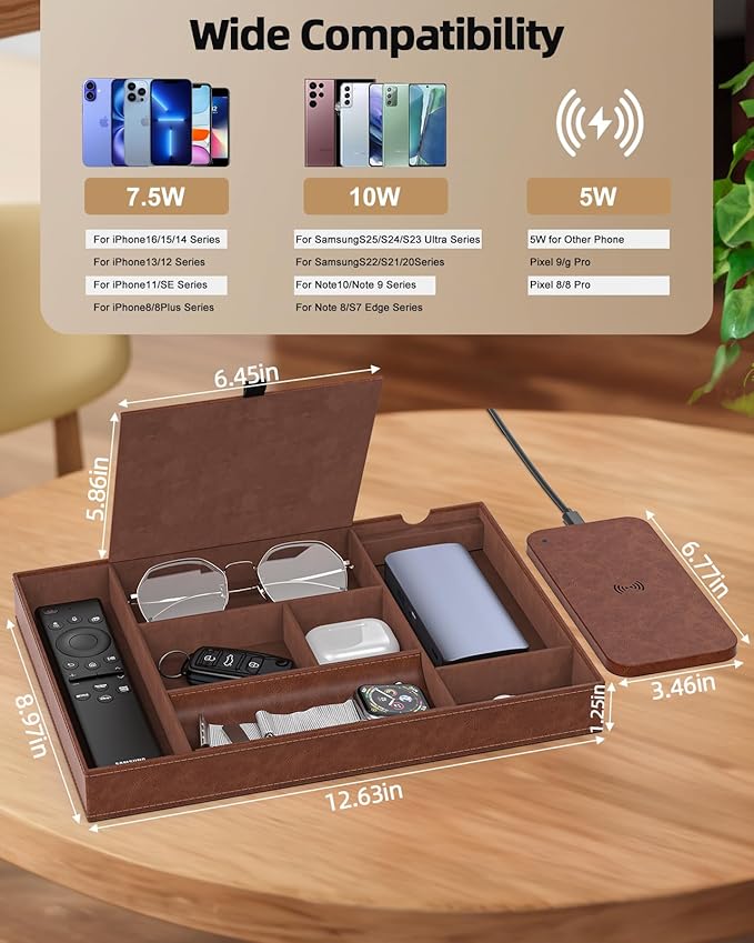 Valet Tray with Wireless Charger, Nightstand Organizer, Leather Desk Drawer - Image 2