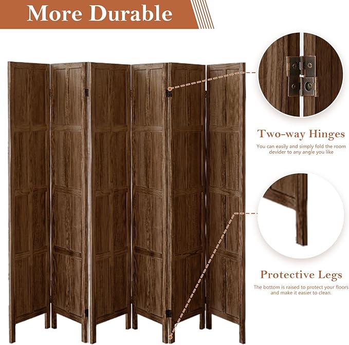 Leesinwing Wood Room Divider 6 Panel Folding Privacy Screen, Classic 5.6Ft - Image 3
