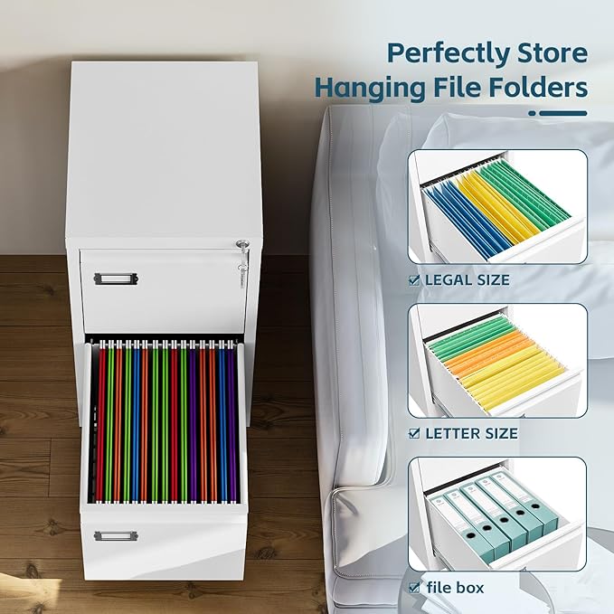 MIIIKO White 2 Drawer File Cabinet, Vertical Filing Cabinet - Image 4