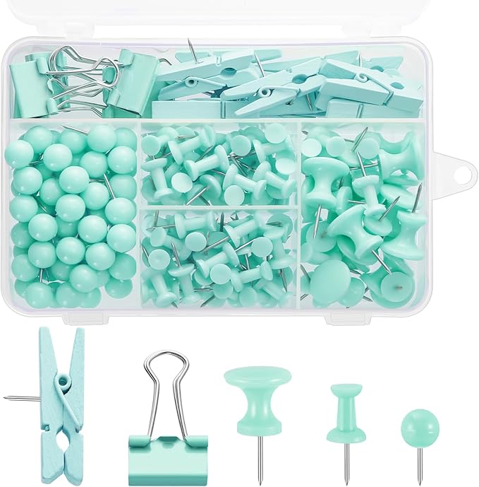 BESARME 200 Pieces Push Pins Set, 5 Types Green Thumb Tacks Cute Decorative by BESARME