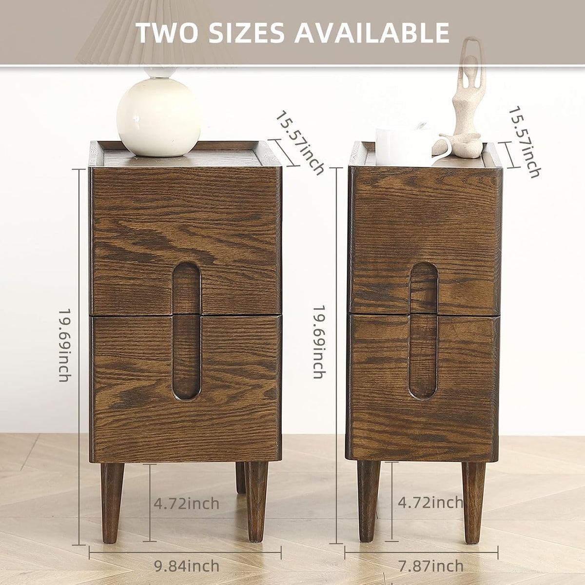 Solid Wood Bedside Table Nightstands, Slim Narrow Oak Real Wooden Mid-Century...