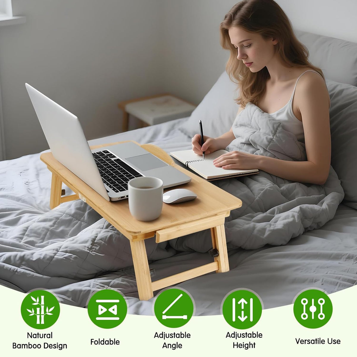 Bamboo Bed Desk, Lap Desk for Adults, Laptop Stand for Bed, Bed Table Tray