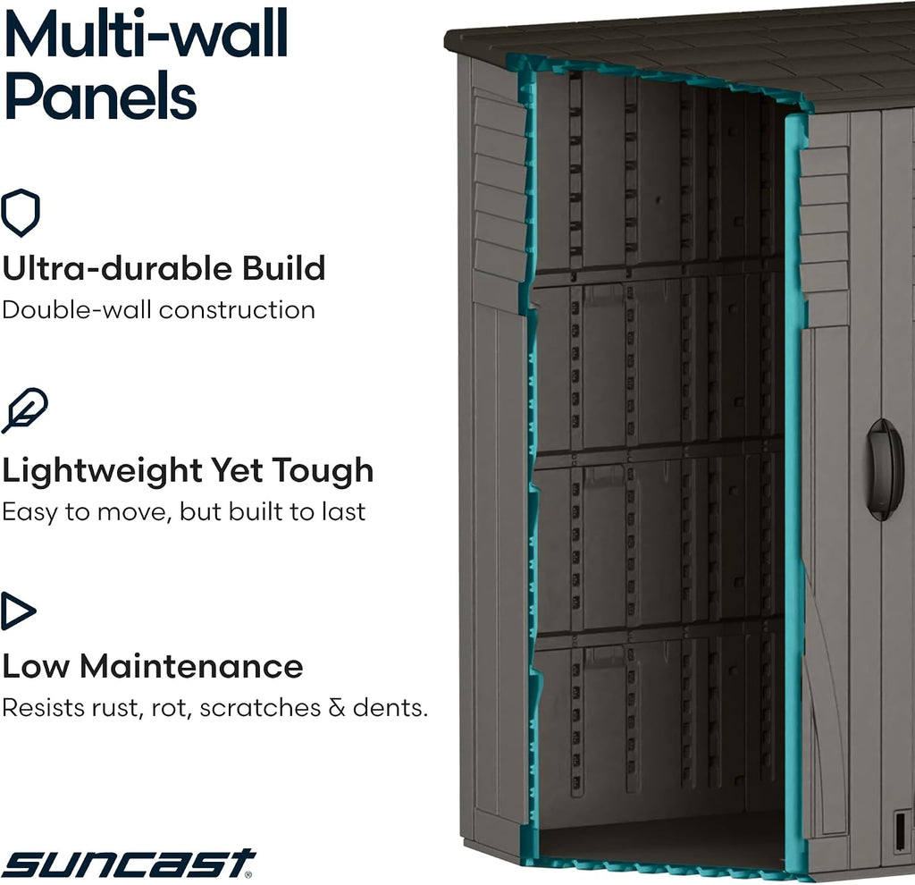 suncast 54 cu ft medium vertical storage shed on a desk or shelf