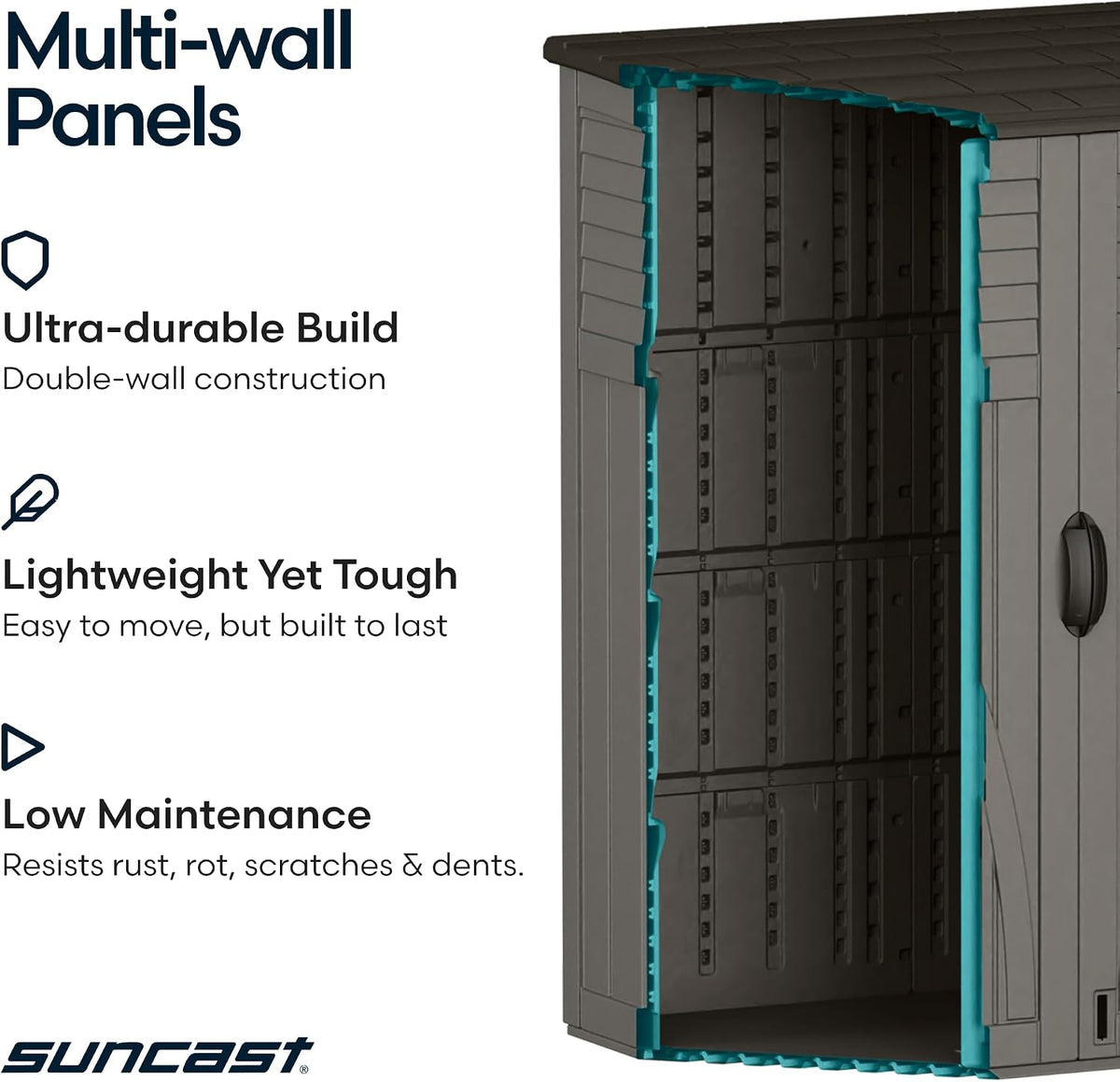suncast 54 cu ft medium vertical storage shed on a desk or shelf