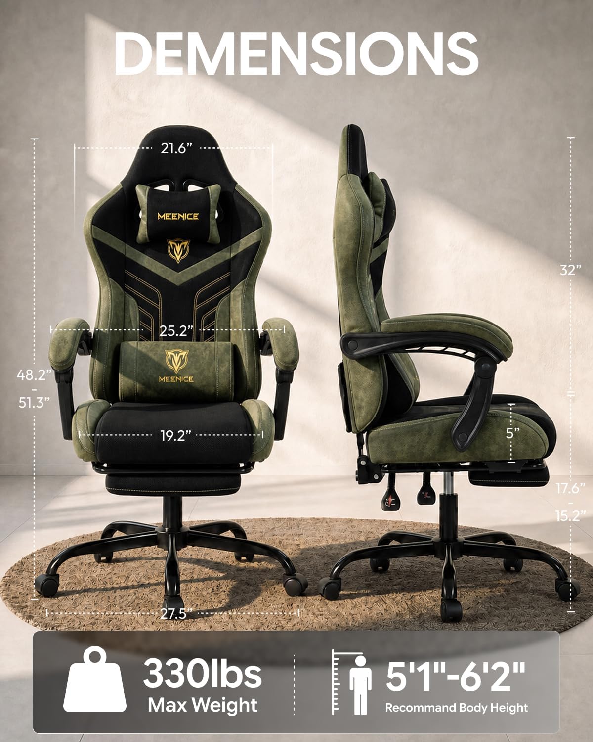 Ergonomic Gaming Chair with Footrest for Adults, Leather Mesh