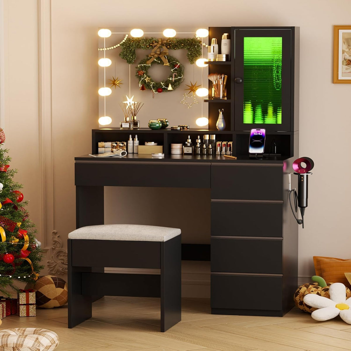 ERLEJIA Vanity Desk with Mirror and Lights & Extral Foldable Desk, 31.5&q...