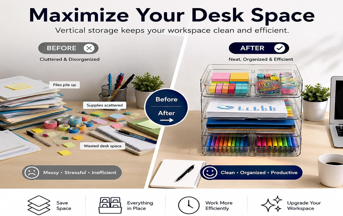DCA 4 Tier Desk Organizer, Clear Paper Tray with 4 Storage Bins