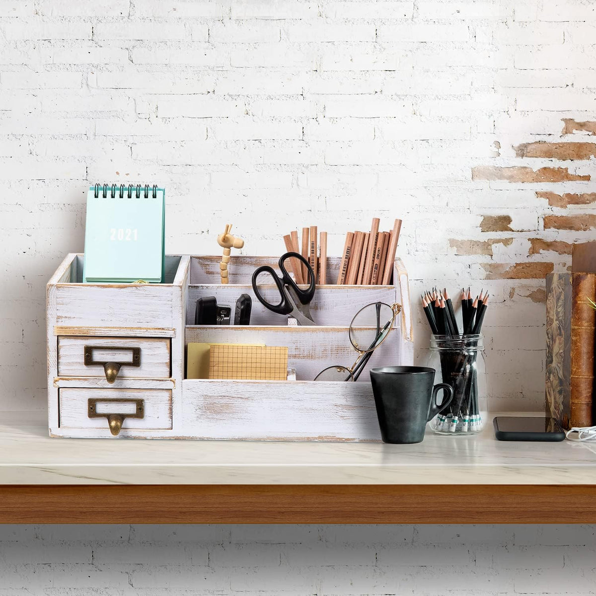 Distressed Rustic Wooden Office Desktop Organizer Shelf Tabletop Home Organiz...