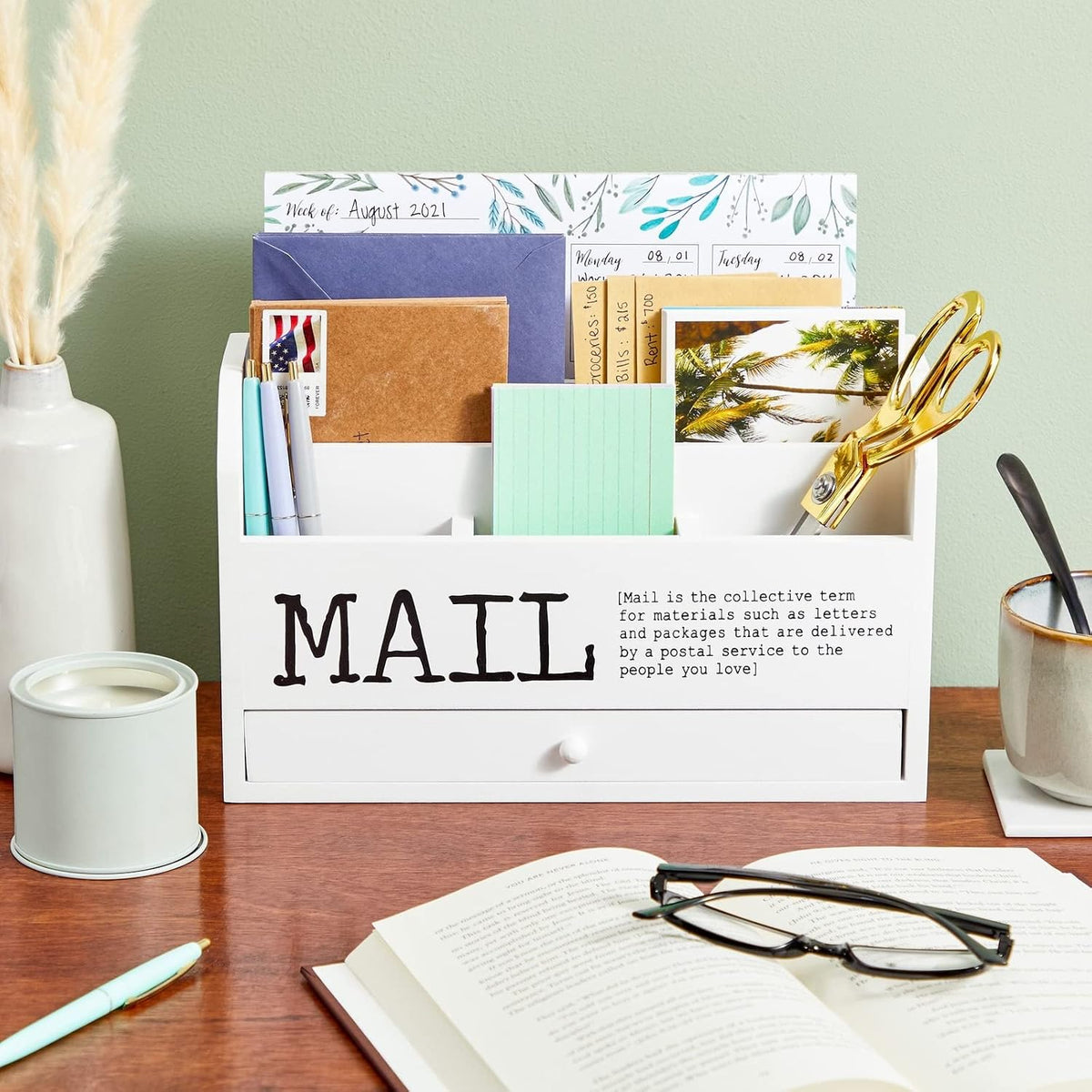 Juvale Wooden 3-Tier Countertop Mail Organizer - Desktop Organizer with Drawe...