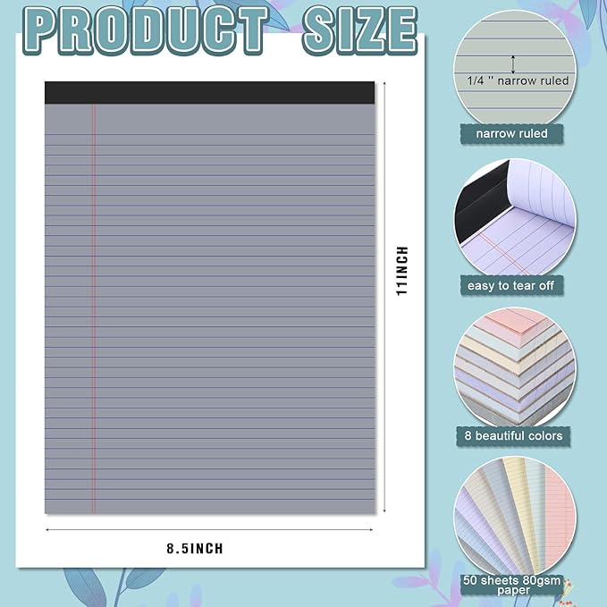 Fuutreo 8 Pcs 8.5'' x 11'' Colored Legal Pad Writing Pads Narrow Ruled 50 - Image 2