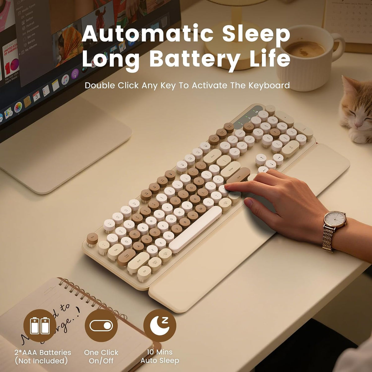 Wireless Keyboard, Round Keycaps, Retro Typewriter Keyboard with Magnetic Wri...