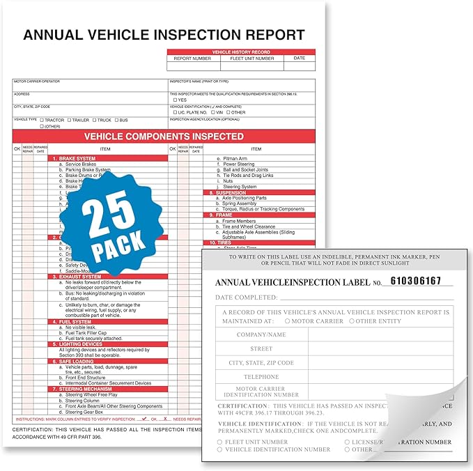 Annual Vehicle Inspection Report Form 25-pk 3-Ply Carbonless, 8.5" x 11.75" + by FITPEAK