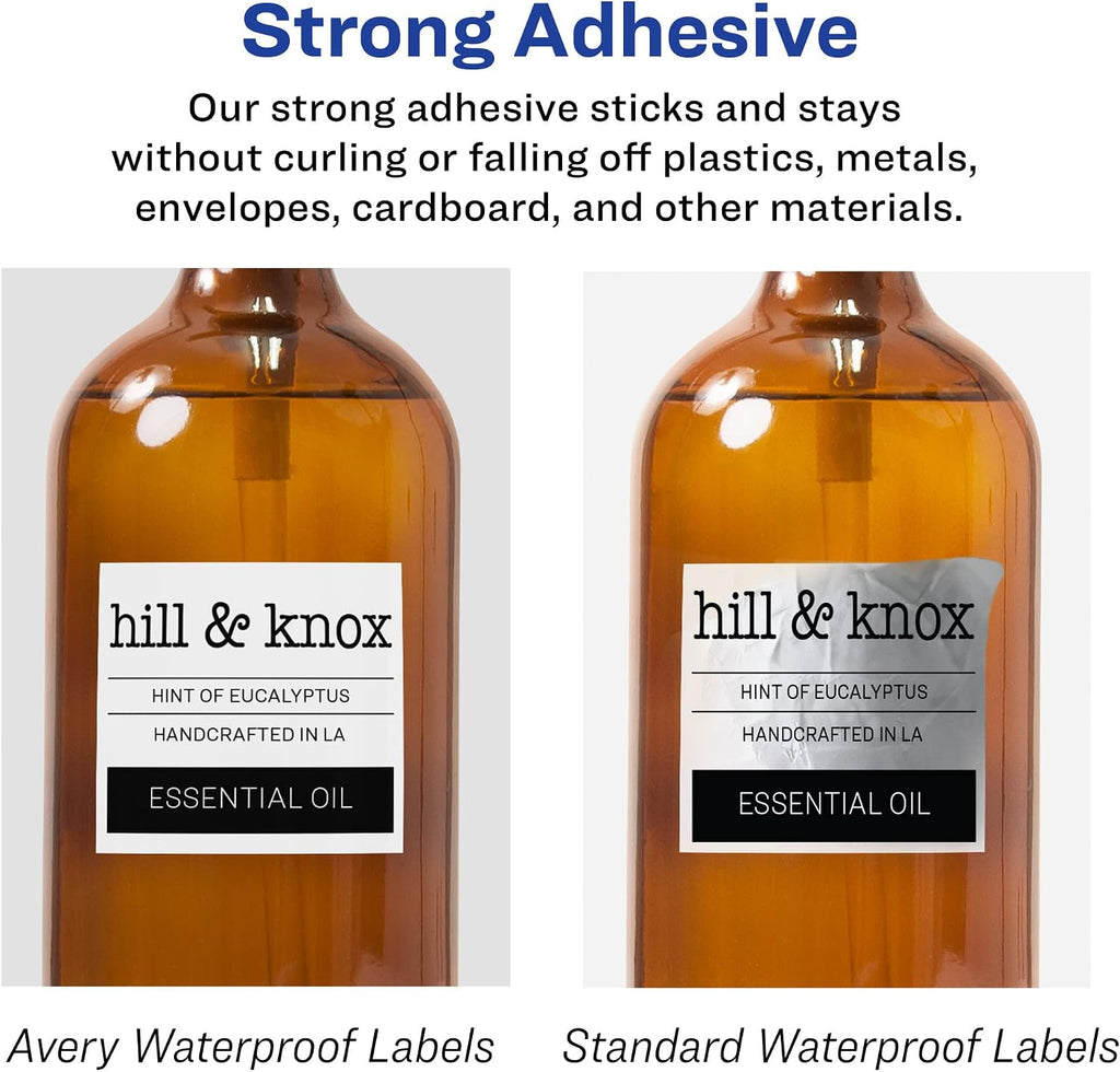 Avery® Durable Waterproof Square Labels, Sure Feed® Technology, 2" x 2", White, Laser & Pigment-Inkjet Compatible, 96 Blank Labels Total, Great for Branding, Packaging, and More (64510)