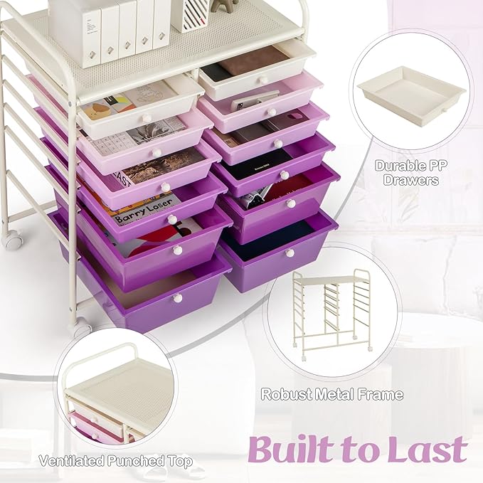 Happygrill 12-Drawer Rolling Storage Cart, 2 Sizes Plastic Drawers & Metal Shelf - Image 7