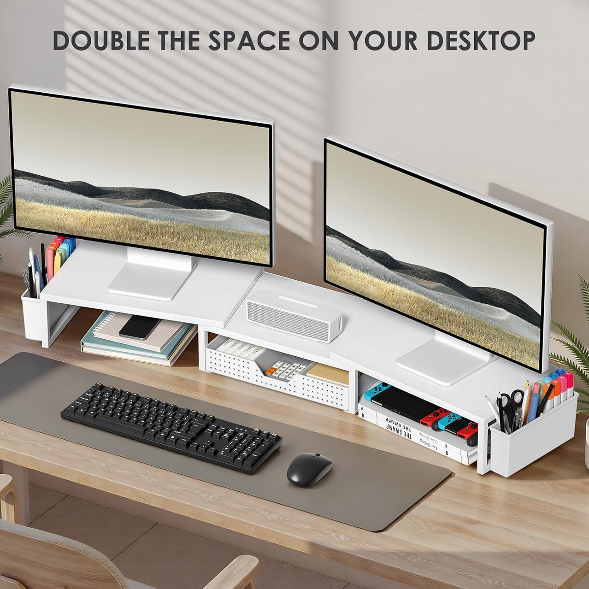 opnice desk organizers and accessories, dual monitor stand, side view