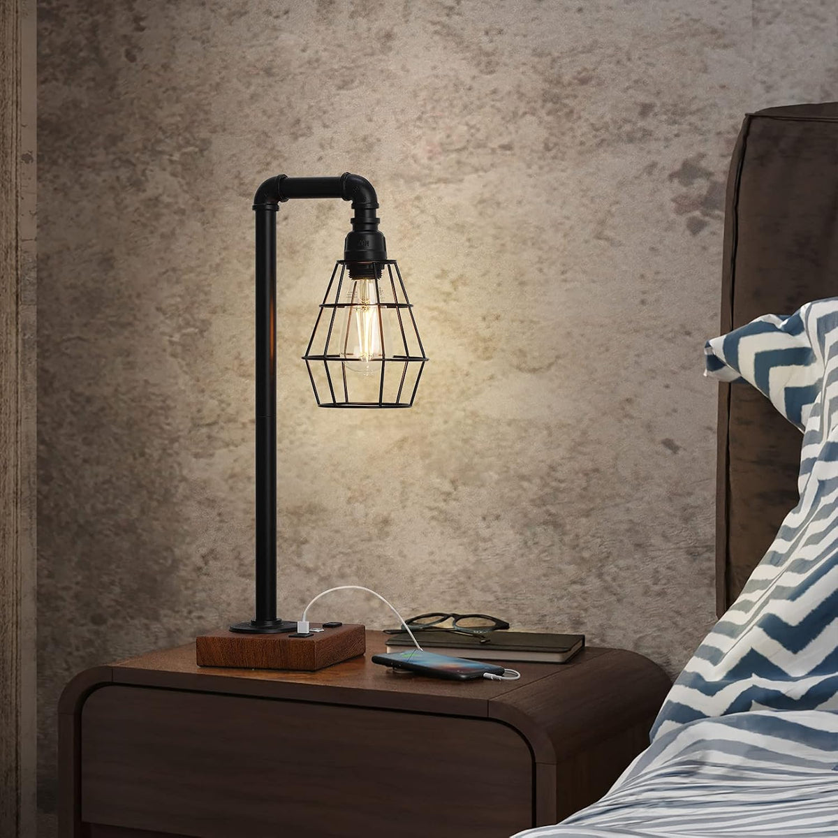 Industrial Touch Control Table Lamp with Metal Cage Shade, Desk Lamps