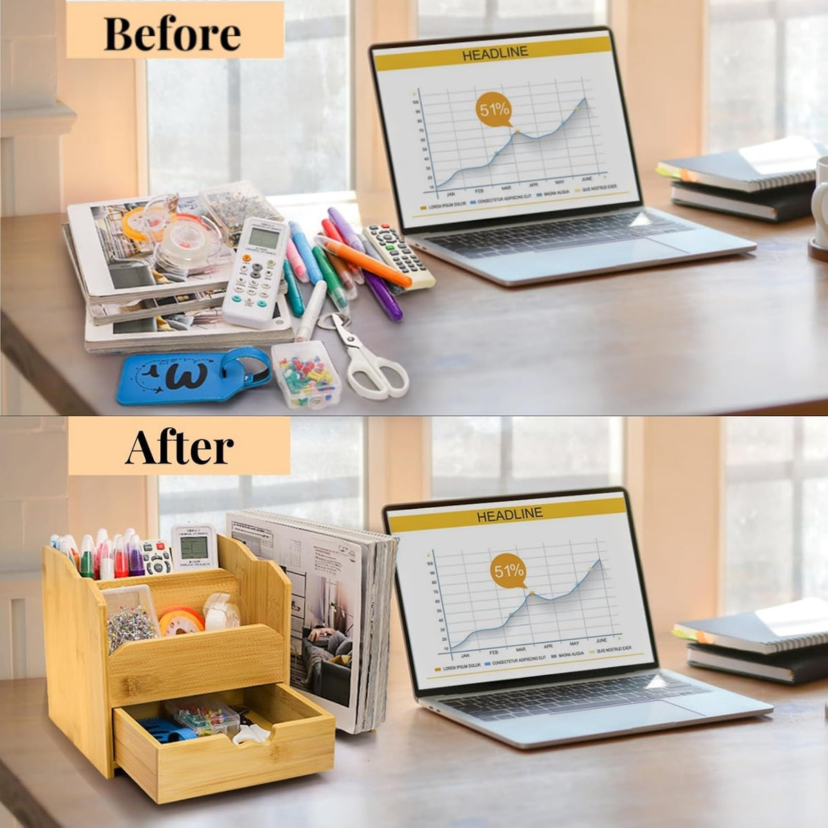 ZAVOOS Bamboo Desk Organizer with Drawer Pen Holder, 5 Compartments