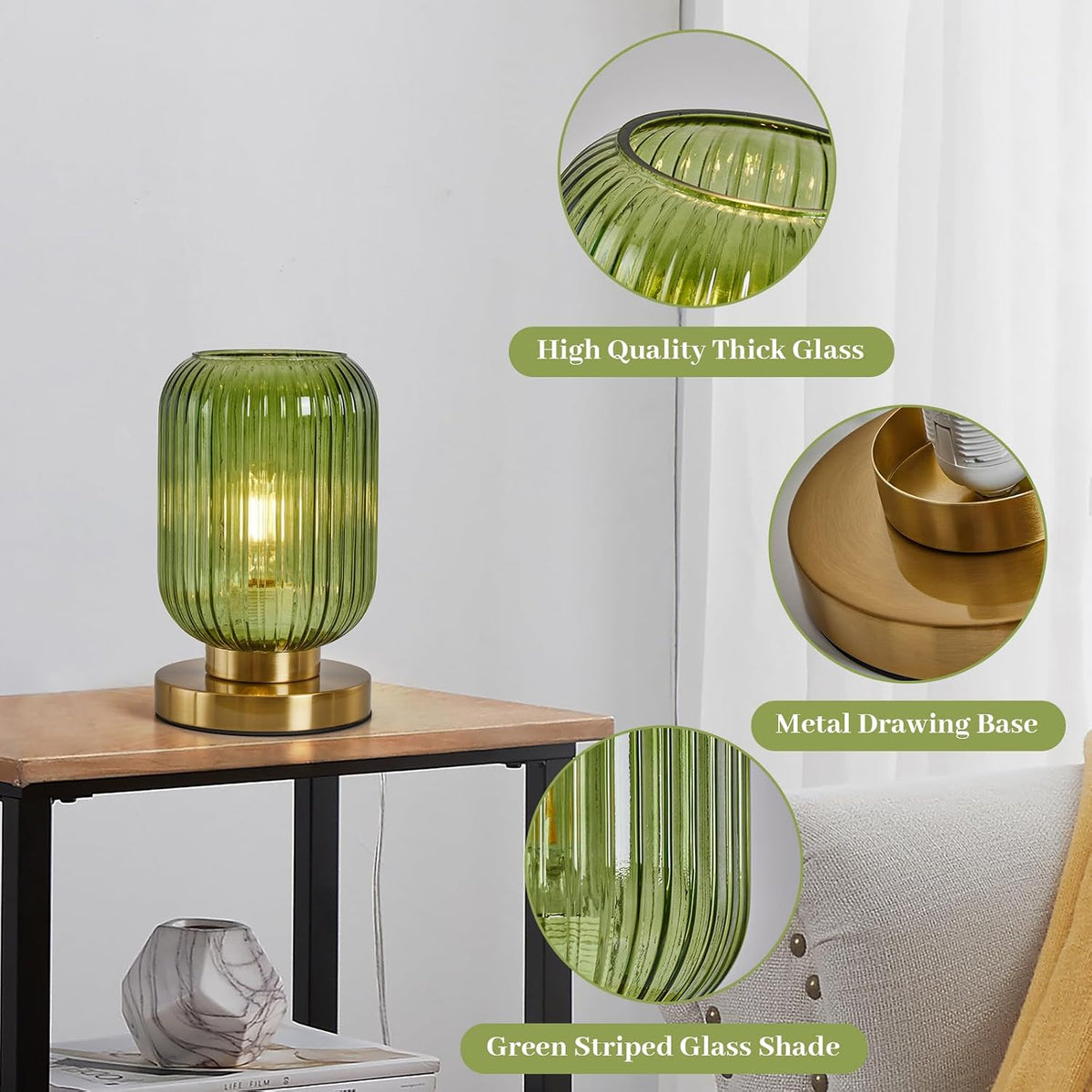Green Glass Table Lamp,Vintage Gold Base Ribbed Bedside Lamp