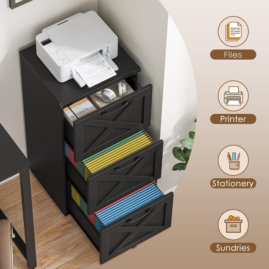 3 drawers tall farmhouse file cabinet with wheels on a desk or shelf