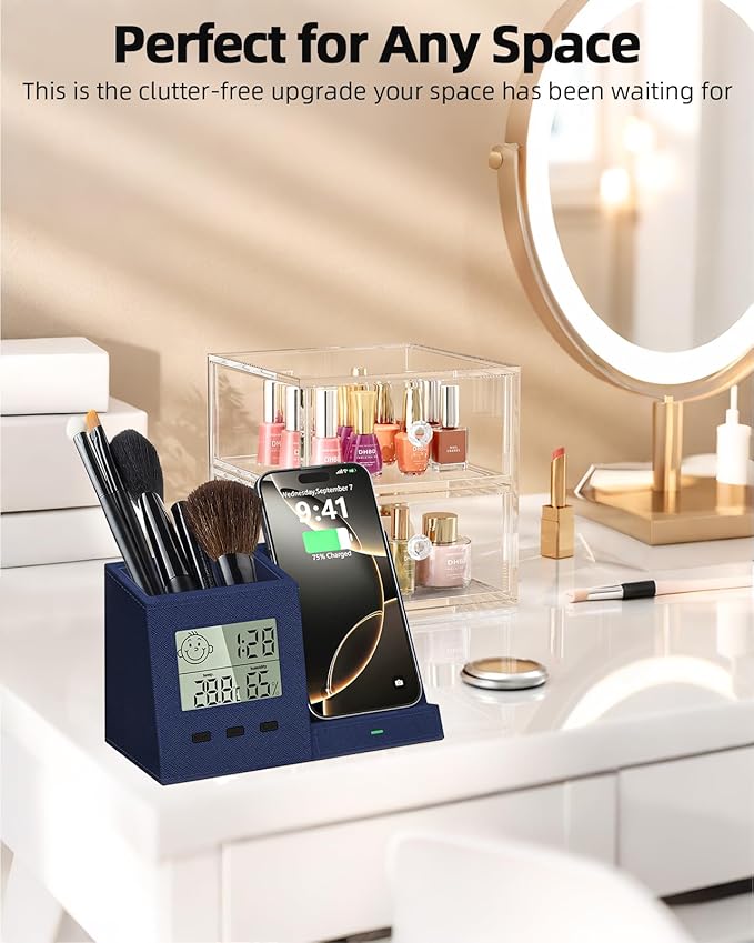 3-in-1 Wireless Charger with Pen Holder, Desk Clocks with Temperature and - Image 5