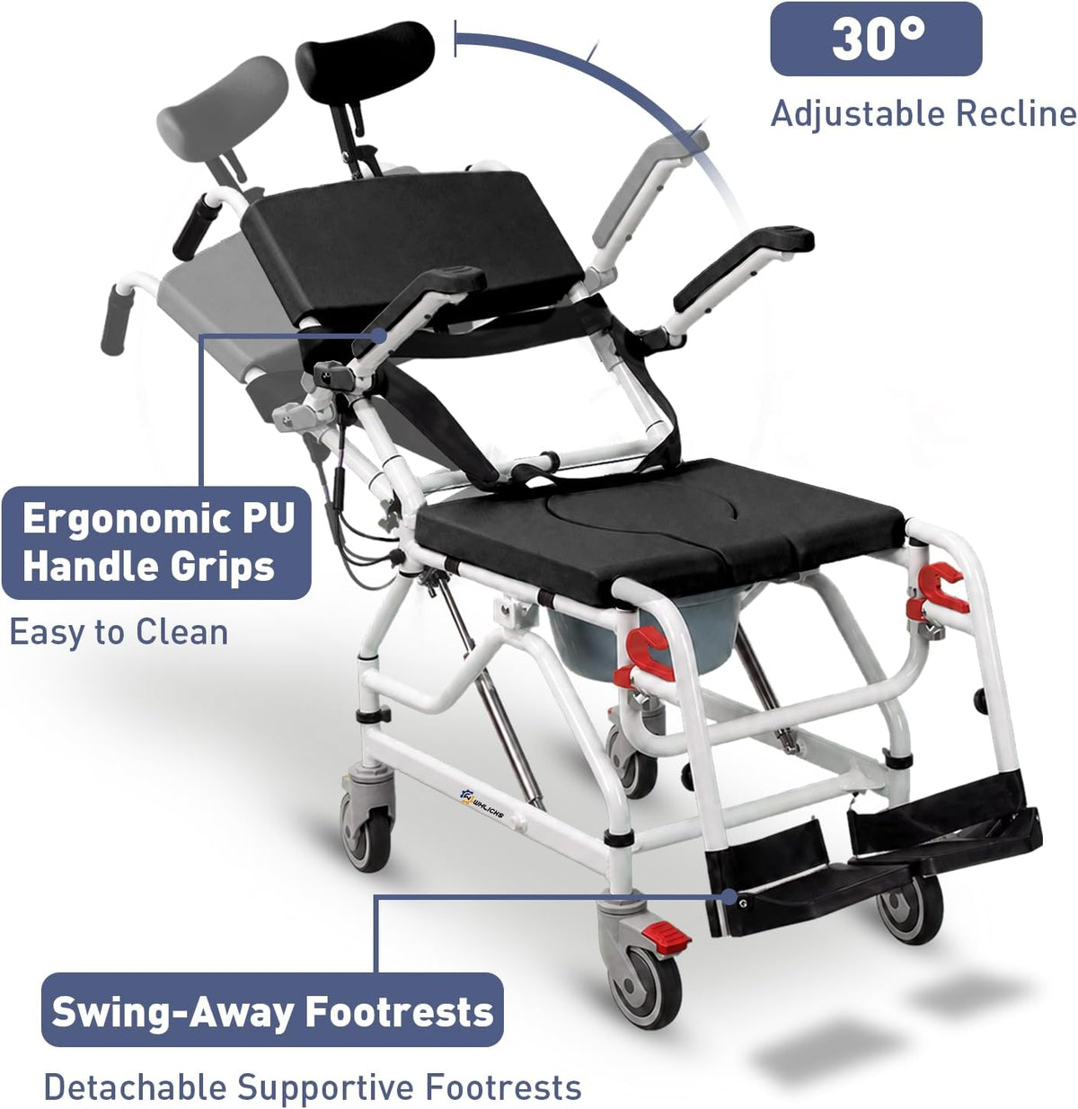 Reclining Rolling Shower Chair with Wheels, Shower Wheelchair for Elderly and...