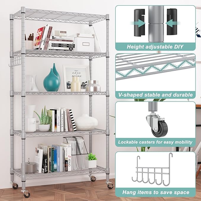 Himimi 5-Tier Storage Shelf Wire Shelving Unit on Wheels, Adjustable Heavy Duty - Image 6