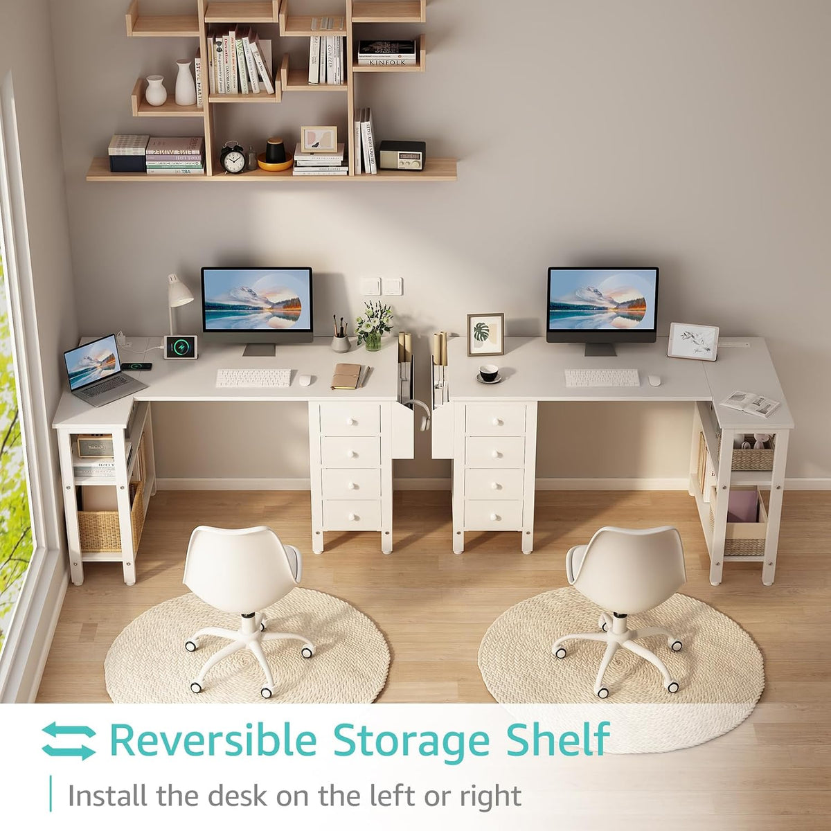 Lufeiya White L Shaped Computer Desk with Drawers & Storage Shelves, 47 I...