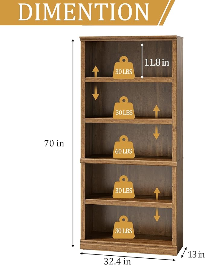 blini 5-Shelf Tall Bookcase Wooden Bookshelves 33in Wide Floor Standing Display - Image 2