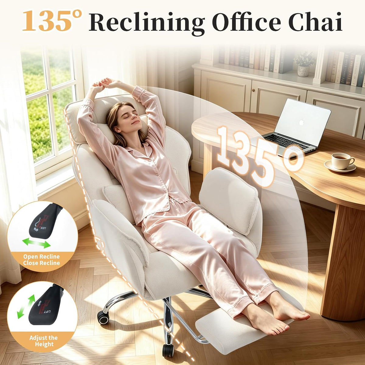 Criss Cross Office Chair with Footrest - 5-Gear Flat Armrests Corduroy Desk C...