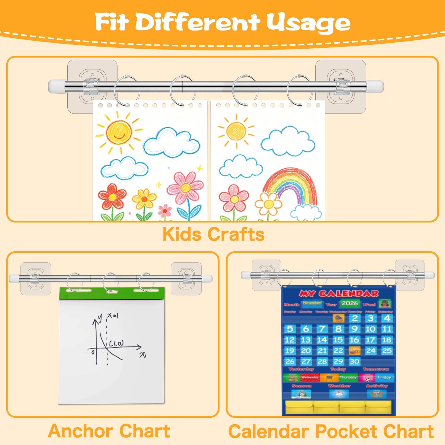 Adjustable Anchor Chart Holder, Flip Calendar Rod for Classroom, 8 O Rings | Strong Adhensive Tapes, Calendar Holder for Wall & Whiteboard, Mini Date Chart Cards Anchor Crafts Decoration Accessories