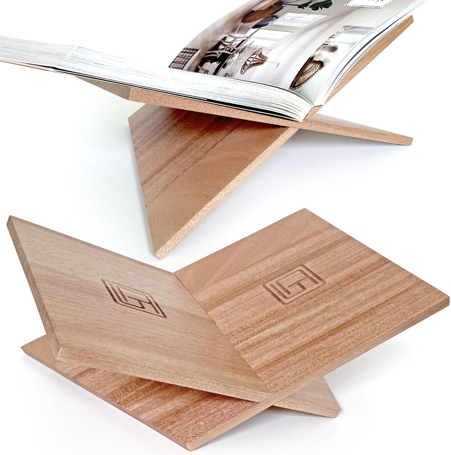 Large Wood Book Stand, 12.5" x 9.5" x 5.5”, Angled Natural Mahogany Wooden Book Holder, Open Bookstand for Display and Reading, Cookbooks, Art Books, Bibles, Magazines - Home and Office