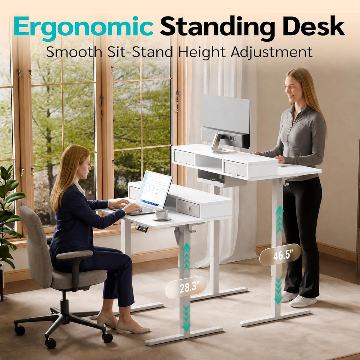 35" x 24" Electric Standing Desk with Dual Drawers, White