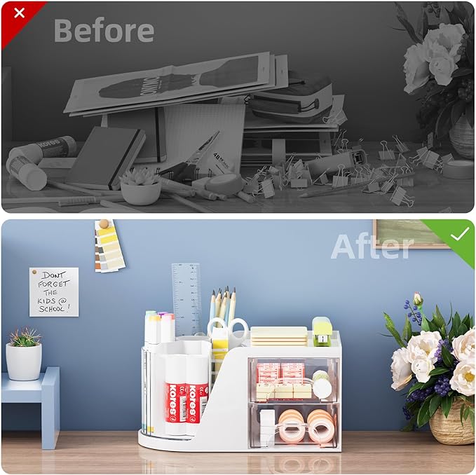 Marbrasse Desk Organizer with 2 Drawer, 360°Rotating Pen Holder, Desk - Image 7