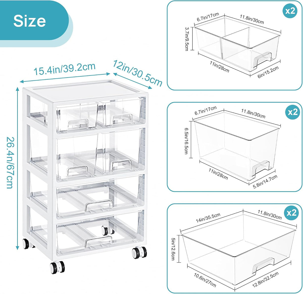 Vtopmart Drawer Storage Organizer,4 Tier 6 Drawers with Wheels
